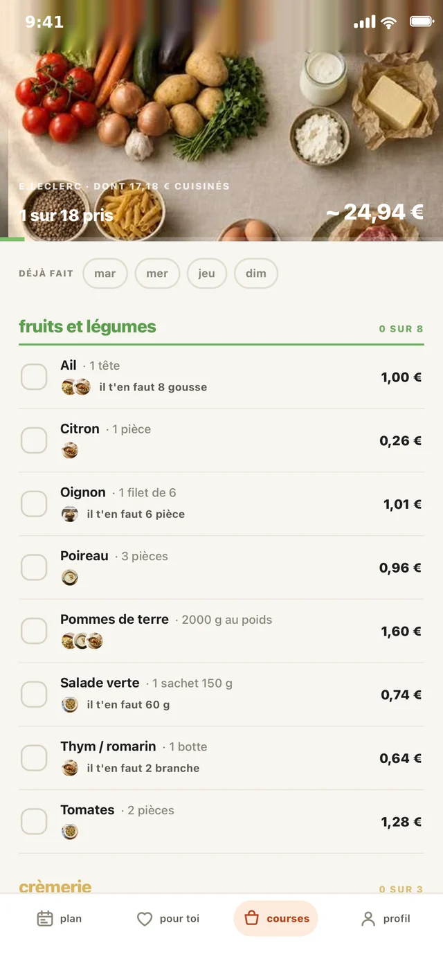 La liste de courses, classée par rayon avec quantités et prix.