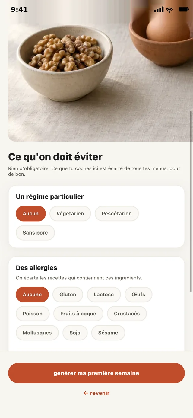 L’écran des préférences : régimes, allergies et ingrédients bannis.